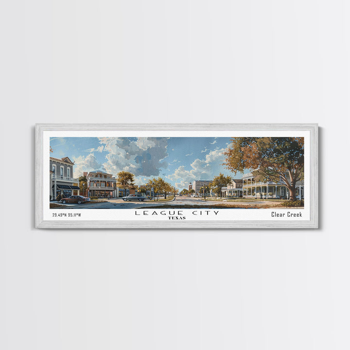 League City Texas Panoramic Cityscape Wall Art, Watercolor Framed Canvas Print, Urban Painting for Living Room, Office Decor, Travel Poster
