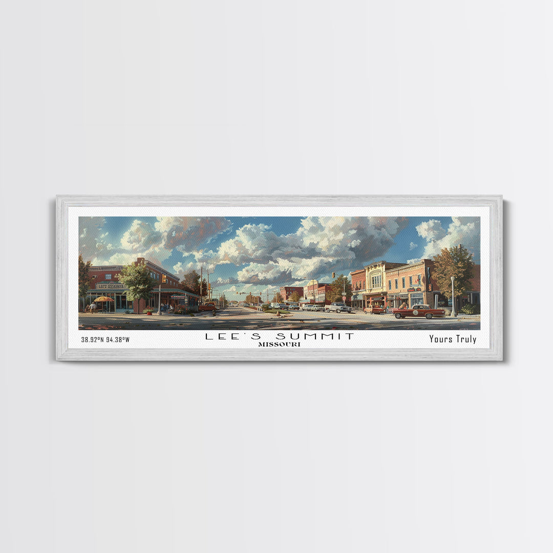Lees Summit Missouri Panoramic Cityscape Wall Art, Watercolor Framed Canvas Print, Urban Painting for Living Room, Office Decor, Travel Poster