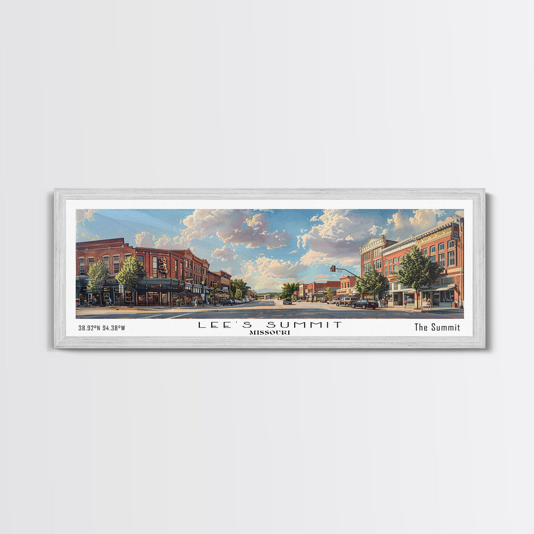 Lees Summit Missouri Panoramic Watercolor Cityscape, Framed Canvas Print for Living Room, Office Wall Art, Urban Decor, Travel Poster