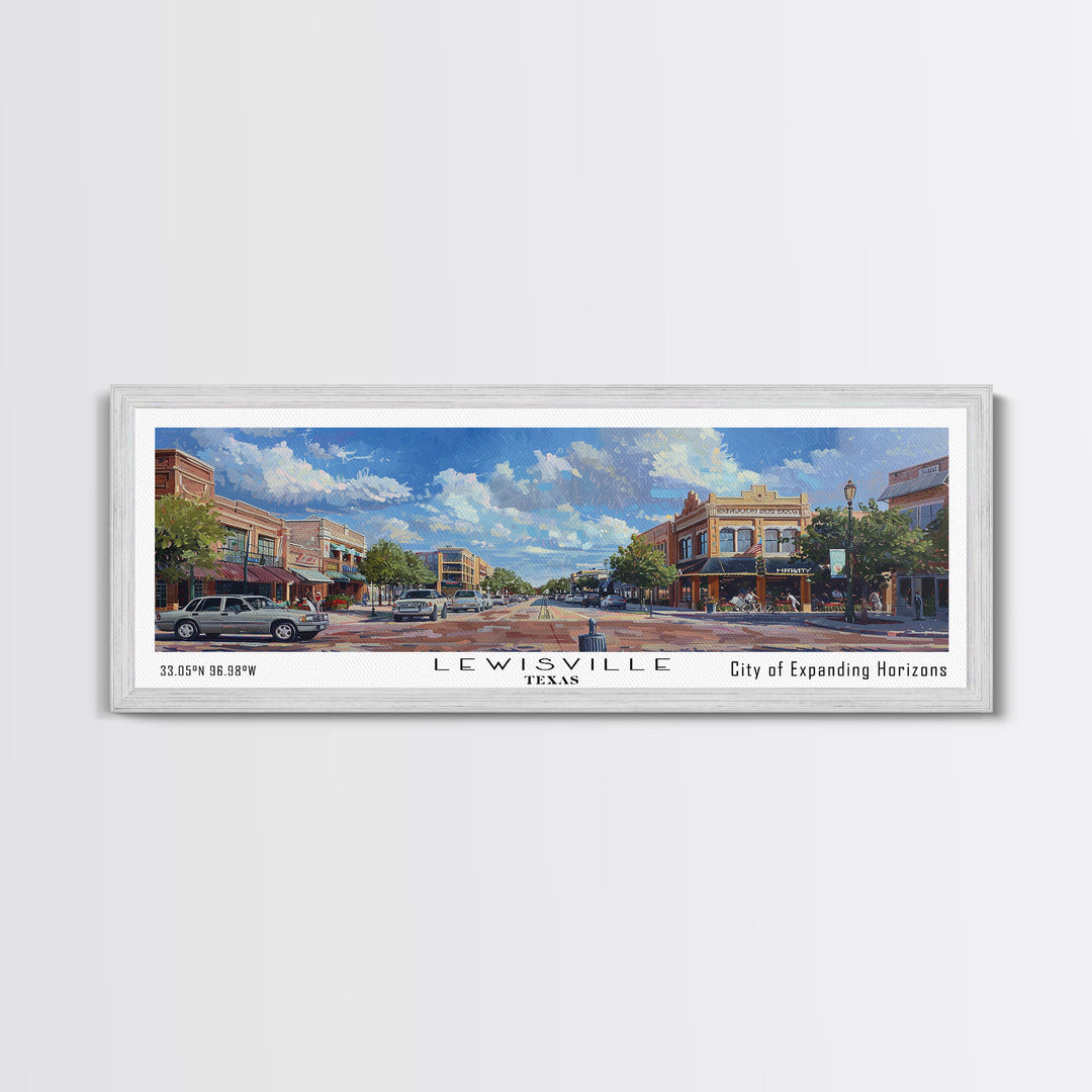 Lewisville Texas Panoramic Cityscape Painting, Framed Canvas Print, Urban Decor, Office Wall Art, Watercolor Travel Poster, Home Decoration