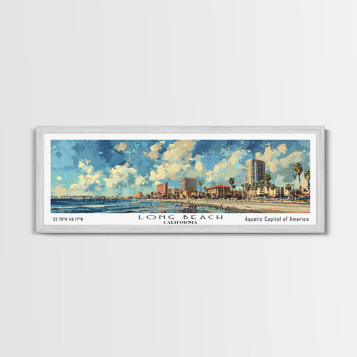 Long Beach California Panoramic Cityscape Painting, Framed Canvas Print, Urban Decor, Office Wall Art, Watercolor Travel Poster, Home Decoration