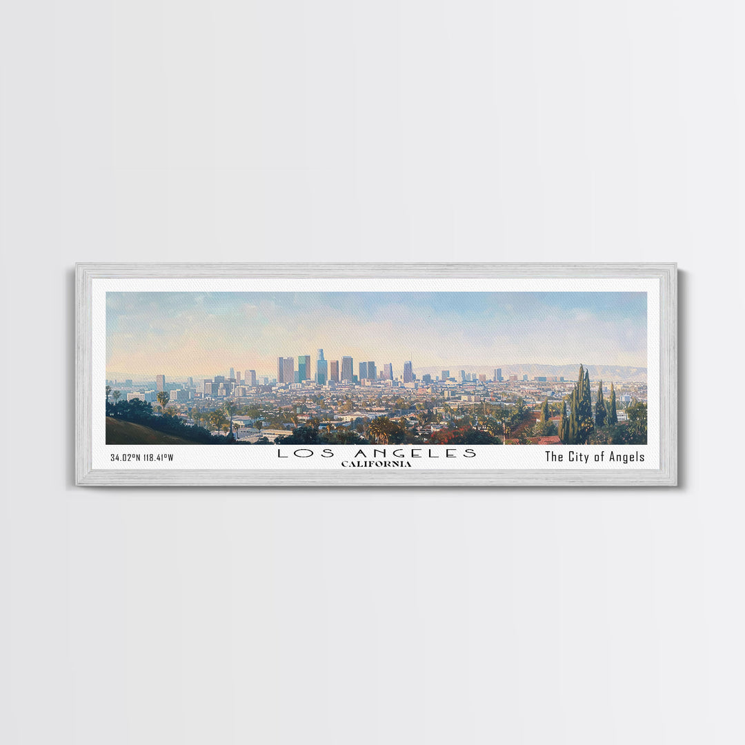 Los Angeles California Panoramic Cityscape Wall Art, Watercolor Framed Canvas Print, Urban Painting for Living Room, Office Decor, Travel Poster
