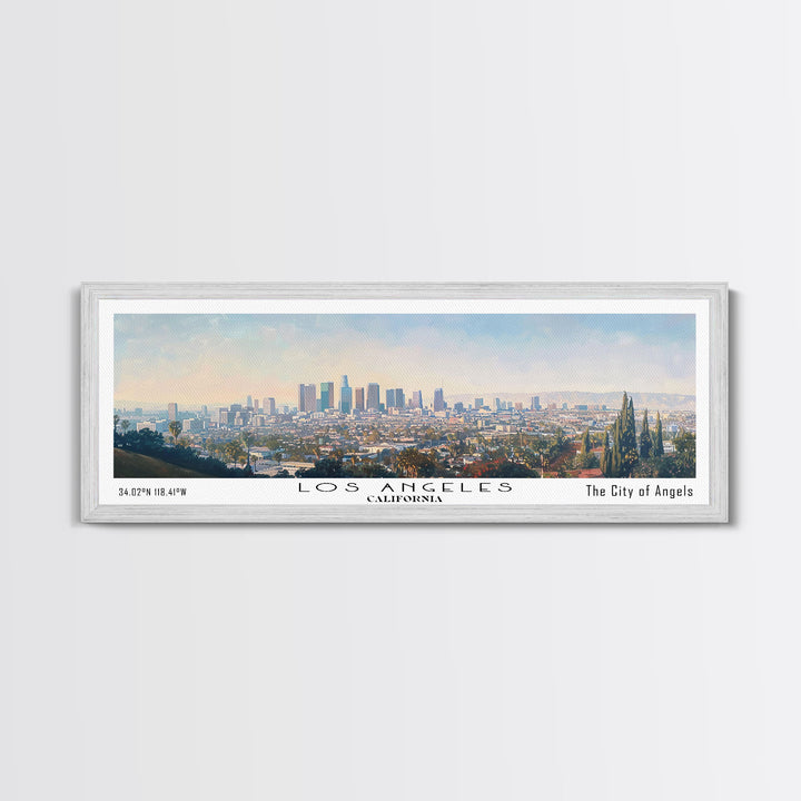 Los Angeles California Panoramic Cityscape Wall Art, Watercolor Framed Canvas Print, Urban Painting for Living Room, Office Decor, Travel Poster