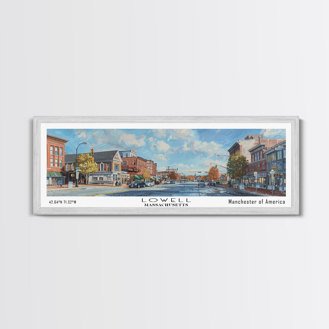 Lowell Massachusetts Panoramic Watercolor Cityscape, Framed Canvas Print for Living Room, Office Wall Art, Urban Decor, Travel Poster