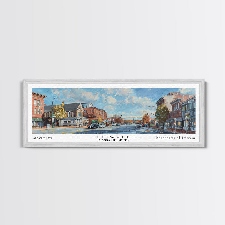 Lowell Massachusetts Panoramic Watercolor Cityscape, Framed Canvas Print for Living Room, Office Wall Art, Urban Decor, Travel Poster