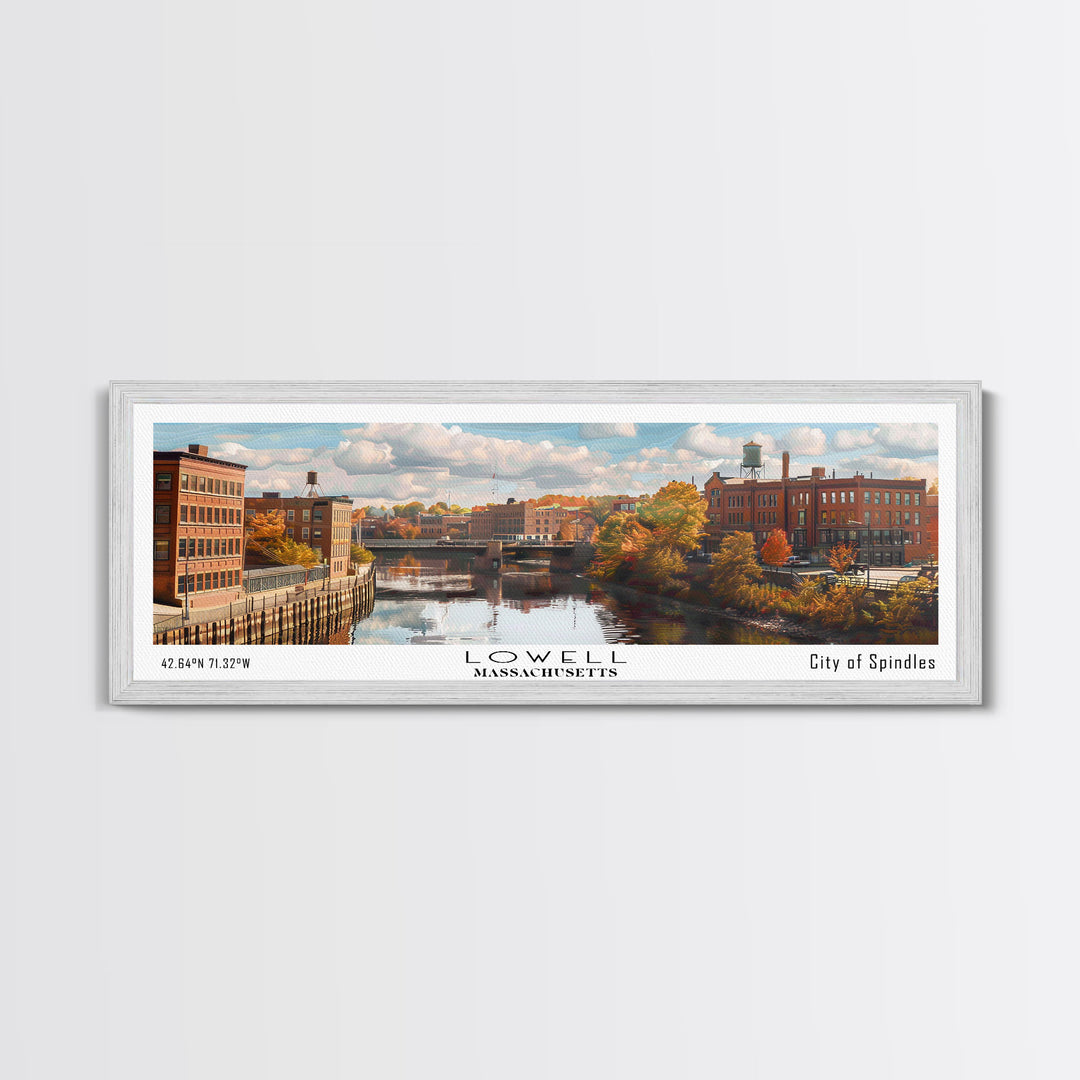 Lowell Massachusetts Panoramic Cityscape Wall Art, Watercolor Framed Canvas Print, Urban Painting for Living Room, Office Decor, Travel Poster