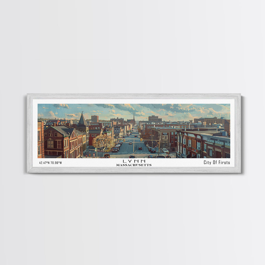 Lynn Massachusetts Panoramic Cityscape Wall Art, Watercolor Framed Canvas Print, Urban Painting for Living Room, Office Decor, Travel Poster