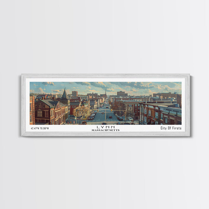 Lynn Massachusetts Panoramic Cityscape Wall Art, Watercolor Framed Canvas Print, Urban Painting for Living Room, Office Decor, Travel Poster