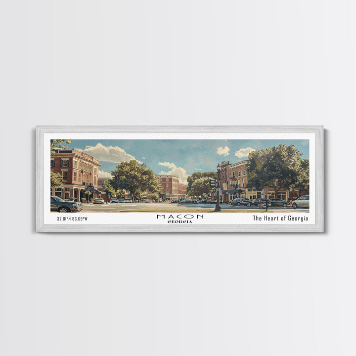 Macon Georgia Panoramic Watercolor Cityscape, Framed Canvas Print for Living Room, Office Wall Art, Urban Decor, Travel Poster