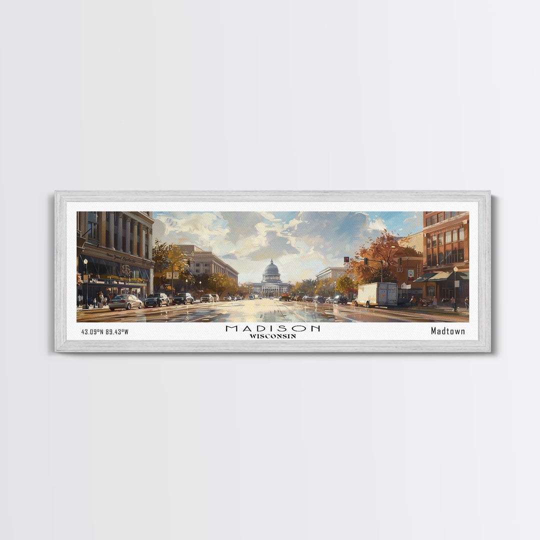 Madison Wisconsin Panoramic Framed Canvas Print, Stunning Watercolor Painting, City Wall Art, Office Decor, Living Room Art, Travel Poster