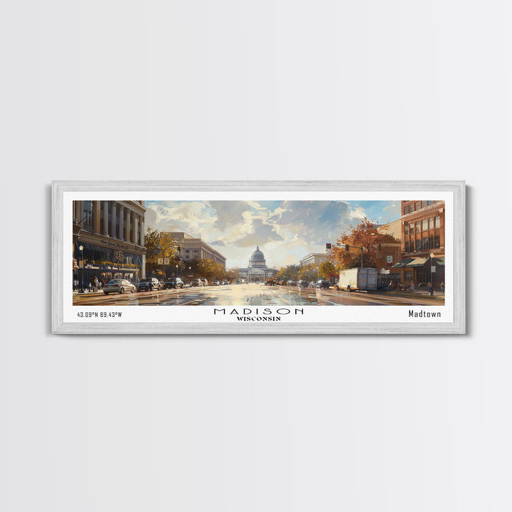 Madison Wisconsin Panoramic Framed Canvas Print, Stunning Watercolor Painting, City Wall Art, Office Decor, Living Room Art, Travel Poster