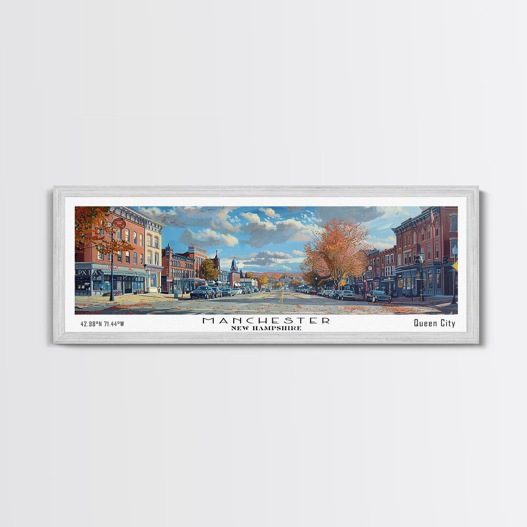 Manchester New Hampshire Panoramic Framed Canvas Print, Beautiful Watercolor Painting, City Wall Art, Office Decor, Living Room Art