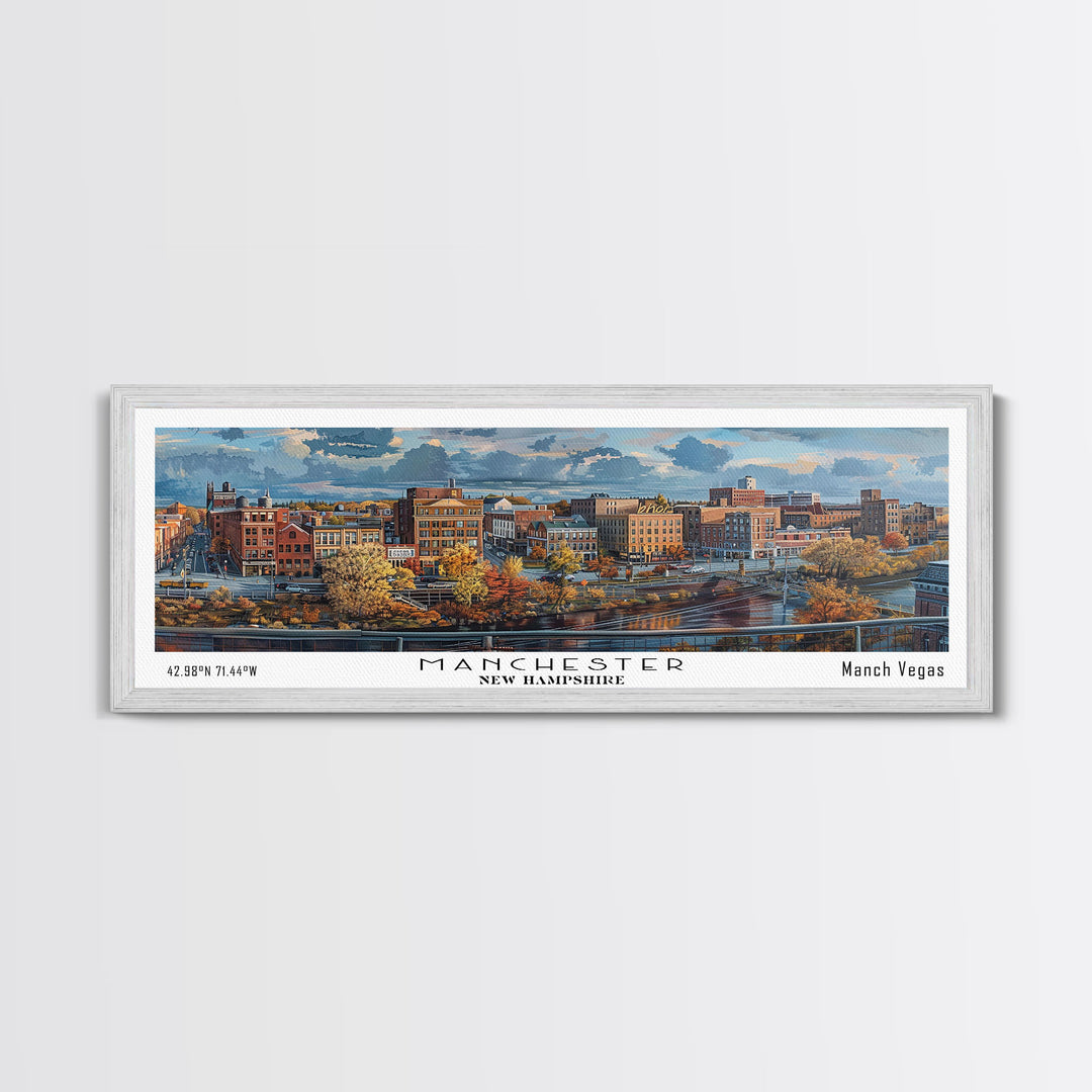 Manchester New Hampshire Panoramic Framed Canvas Print, Stunning Watercolor Painting, City Wall Art, Office Decor, Living Room Art