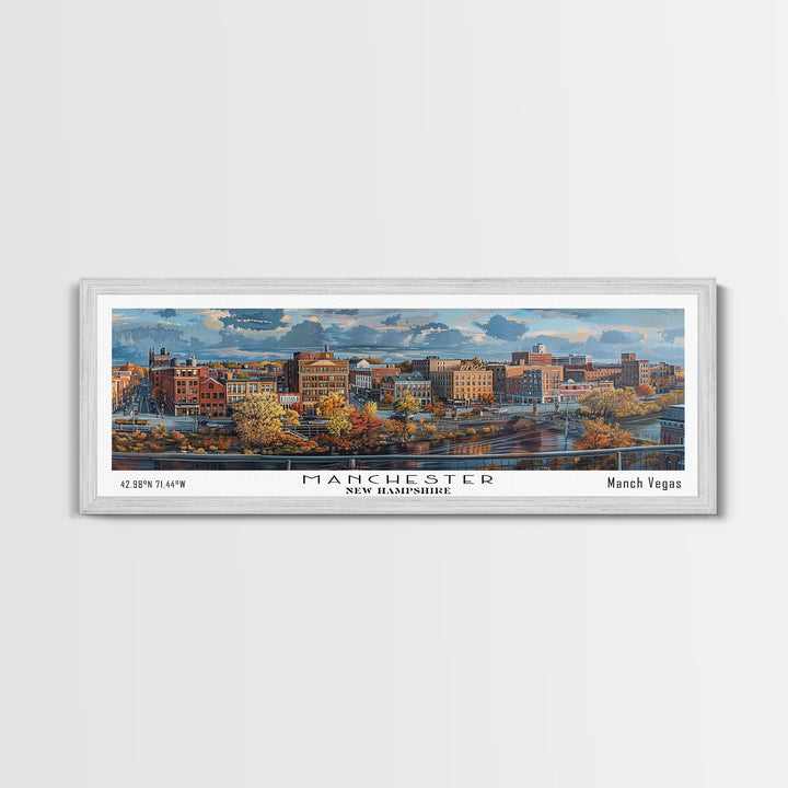 Manchester New Hampshire Panoramic Framed Canvas Print, Stunning Watercolor Painting, City Wall Art, Office Decor, Living Room Art