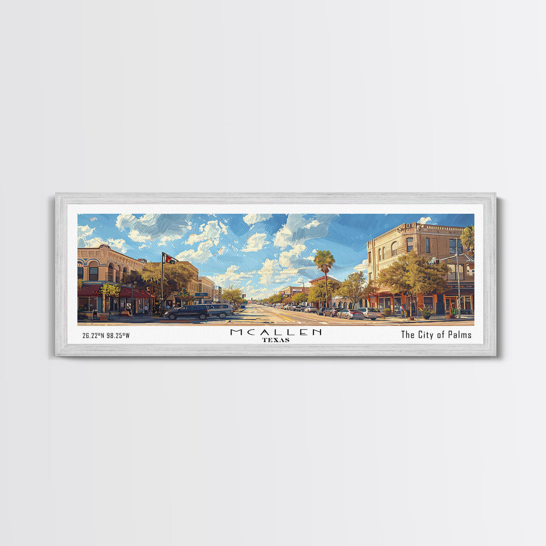 McAllen Texas Panoramic Framed Canvas Print, Watercolor Cityscape, Office Wall Art, Living Room Decor, Travel Poster, City Art, Home Decor