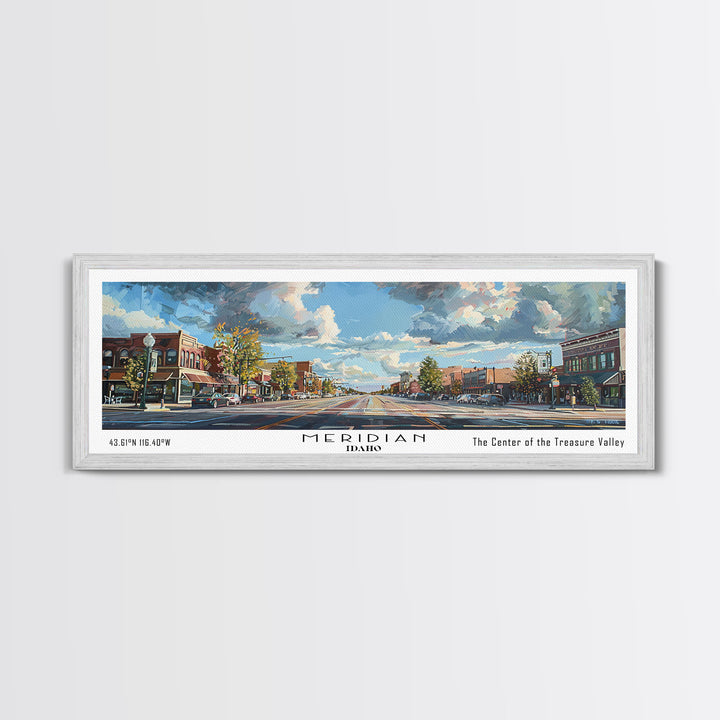 Meridian Idaho Panoramic Framed Canvas Print, Stunning Watercolor Art, Office Wall Decor, Travel Poster, Living Room Decor, City Print