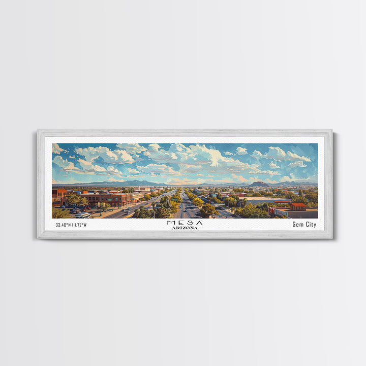 Mesa Arizona Panoramic Framed Canvas Print, Watercolor Cityscape, Perfect Office Wall Art, Travel Poster, Living Room Decor, City Wall Art