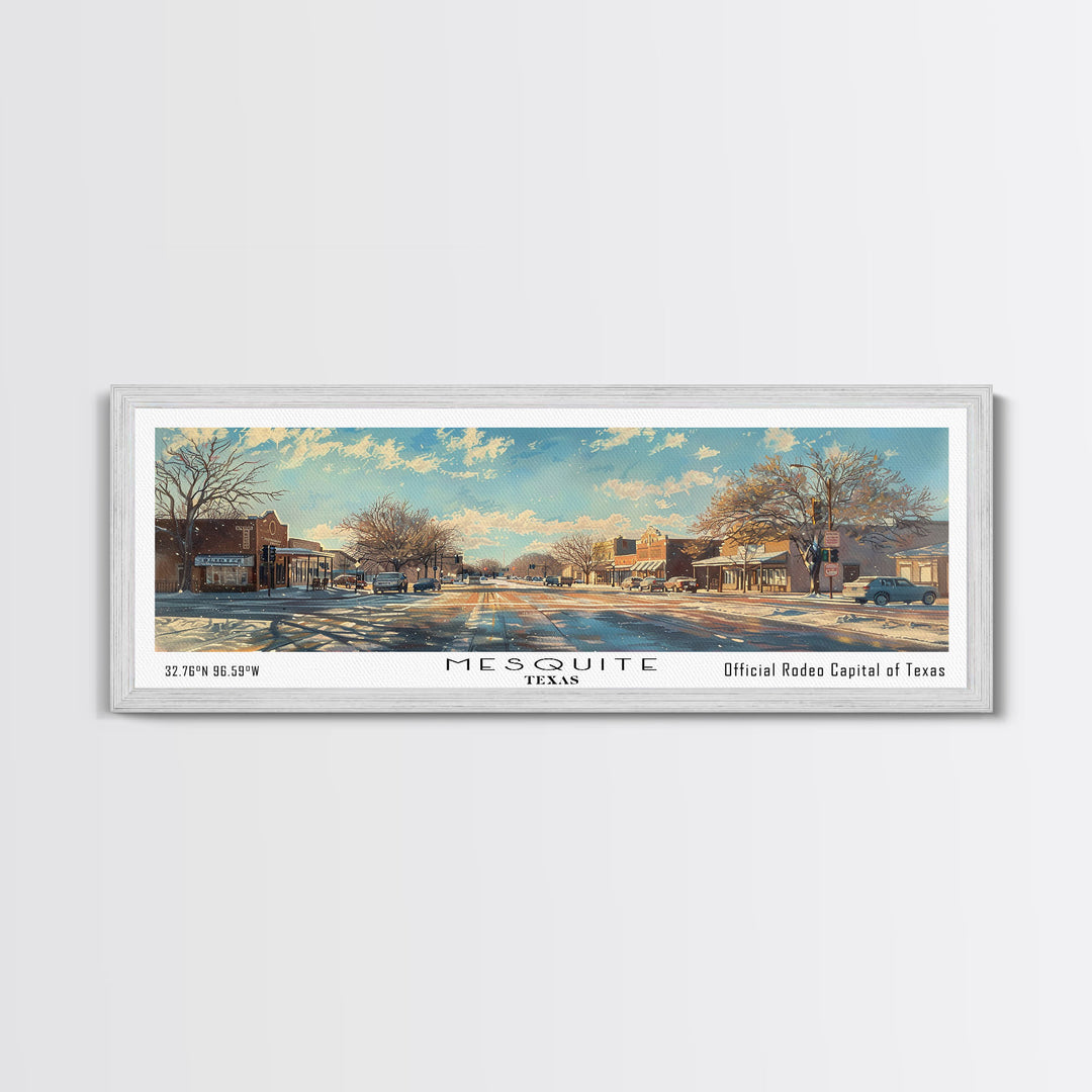 Mesquite Texas Panoramic Framed Canvas Print, Beautiful Watercolor Painting, Office Wall Art, Travel Poster, Living Room Decor, City Art