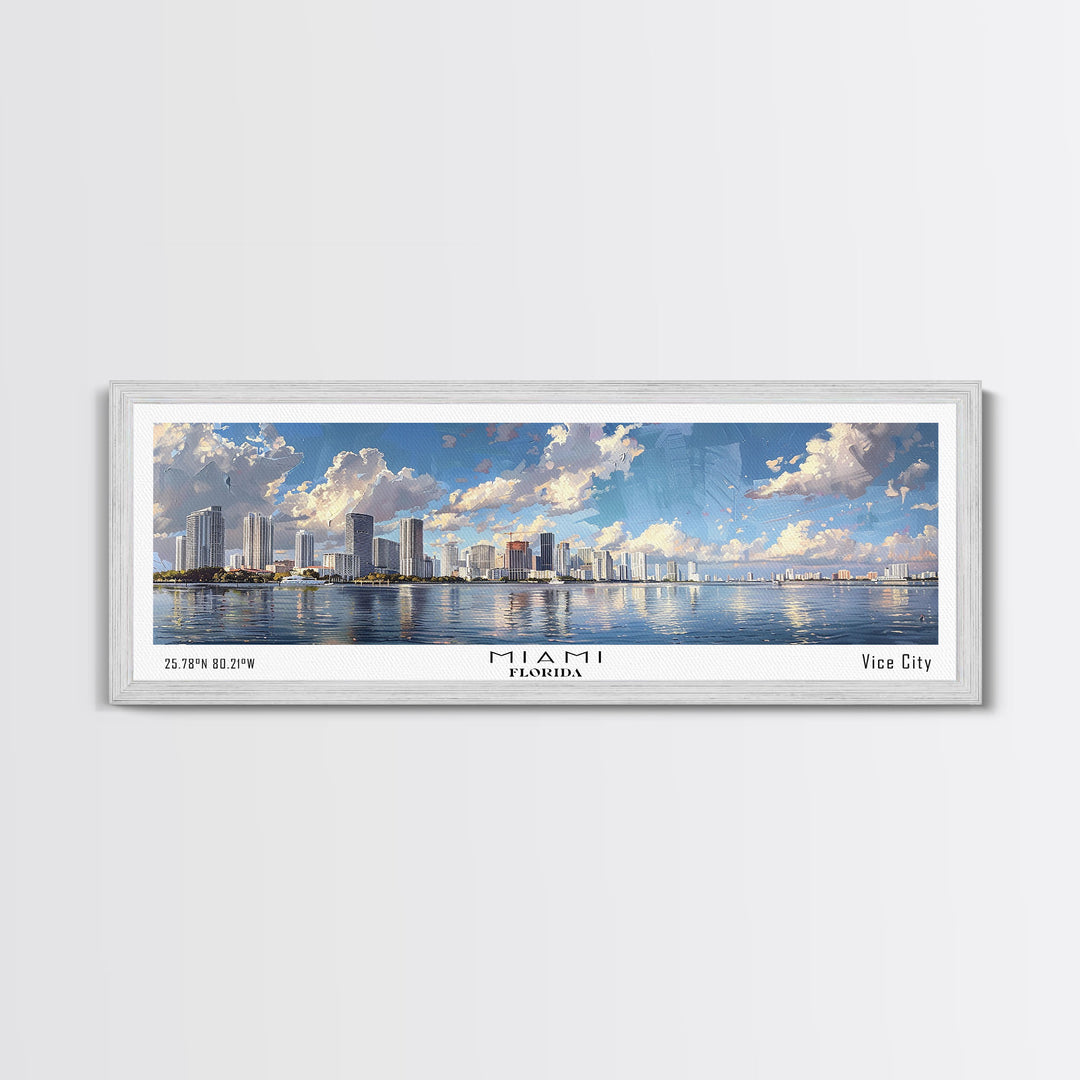Miami Florida Panoramic Framed Canvas Print, Stunning Watercolor Cityscape, Office Wall Art, Travel Poster, Living Room Decor, City Art