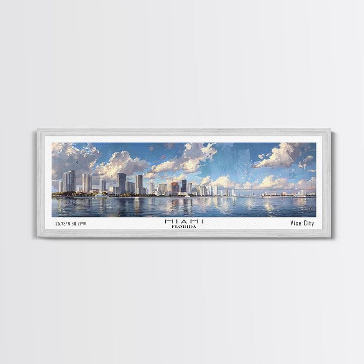 Miami Florida Panoramic Framed Canvas Print, Stunning Watercolor Cityscape, Office Wall Art, Travel Poster, Living Room Decor, City Art