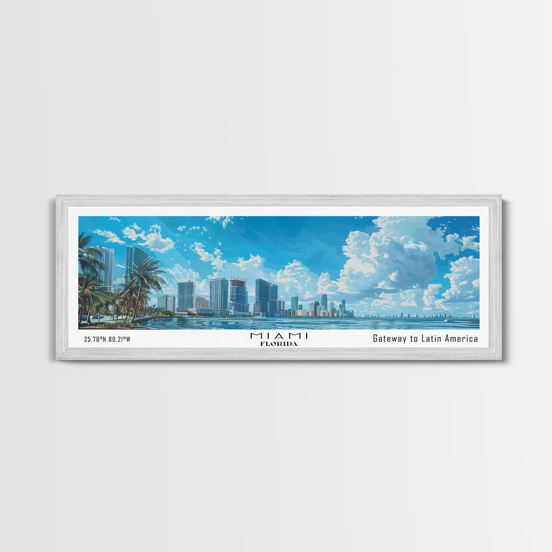 Miami Florida Panoramic Framed Canvas Print, Watercolor Painting, Office Wall Decor, Travel Poster, Home Decor, City Art, Gift Idea