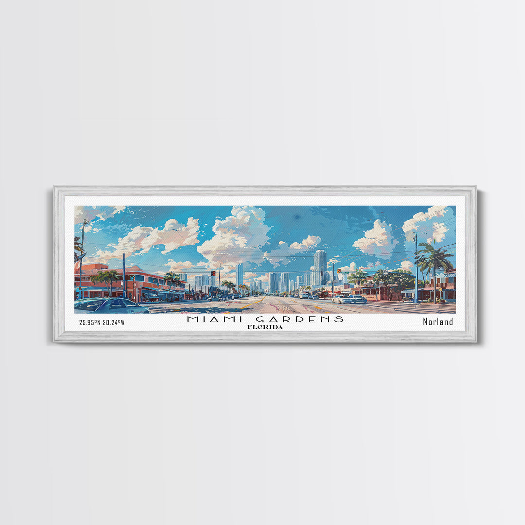 Miami Gardens Florida Panoramic Framed Canvas Print, Beautiful Watercolor City Art, Office Wall Decor, Travel Poster, Living Room Decor