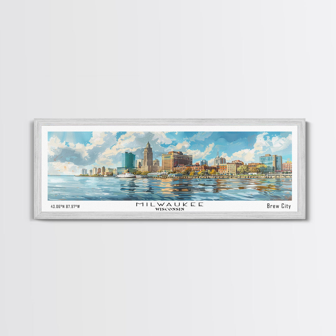 Milwaukee Wisconsin Panoramic Framed Canvas Print, Watercolor Cityscape, Perfect Office Wall Art, Travel Poster, Living Room Decor