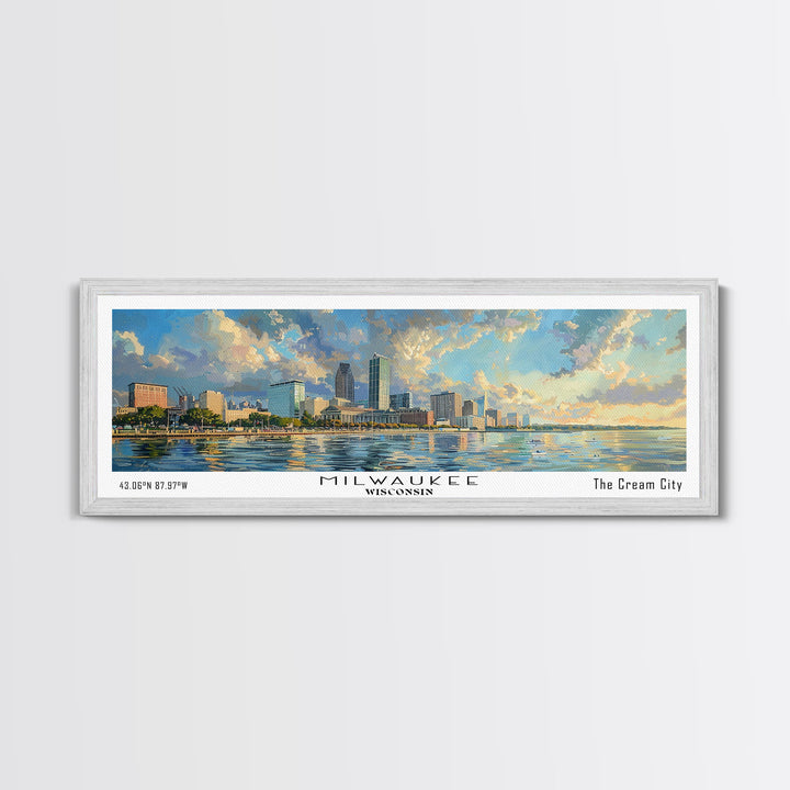 Milwaukee Wisconsin Panoramic Framed Canvas Print, Beautiful Watercolor Painting, Office Wall Art, Travel Poster, Home Decor, City Art