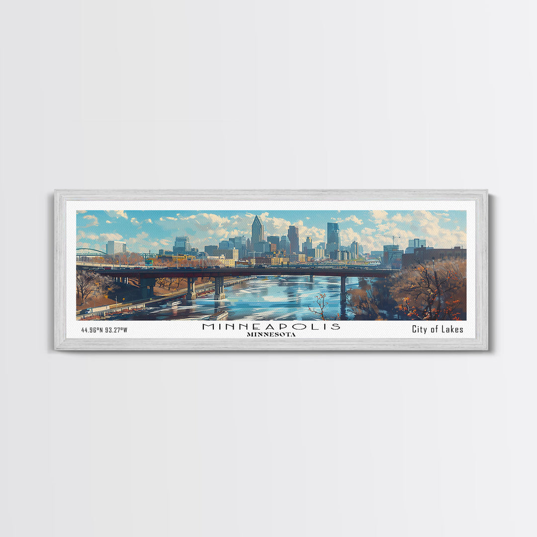 Minneapolis Minnesota Panoramic Framed Canvas Print, Stunning Watercolor City Art, Office Wall Decor, Travel Poster, Living Room Decor