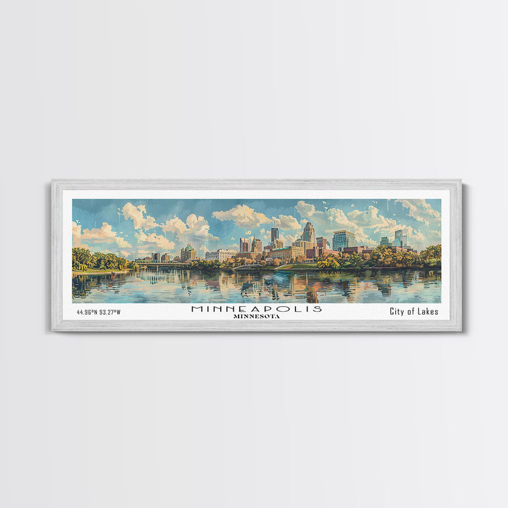 Minneapolis Minnesota Panoramic Framed Canvas Print, Watercolor Painting, Office Wall Art, Travel Poster, Home Decor, City Art