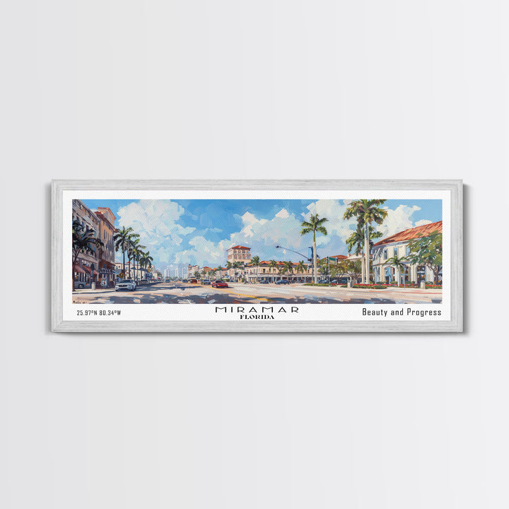 Miramar Florida Panoramic Framed Canvas Print, Beautiful Watercolor Cityscape, Office Wall Art, Travel Poster, Living Room Decor, City Art