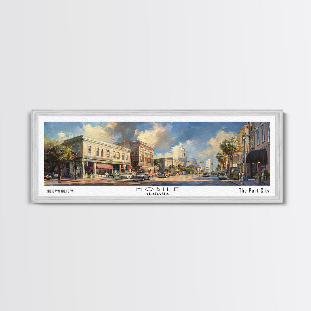 Mobile Alabama Panoramic Framed Canvas Print, Stunning Watercolor Painting, Office Wall Art, Travel Poster, Home Decor, City Art