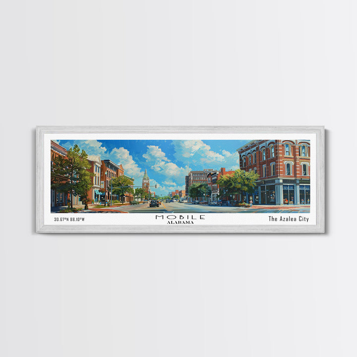 Mobile Alabama Panoramic Framed Canvas Print, Watercolor City Art, Office Wall Decor, Travel Poster, Living Room Decor, City Print