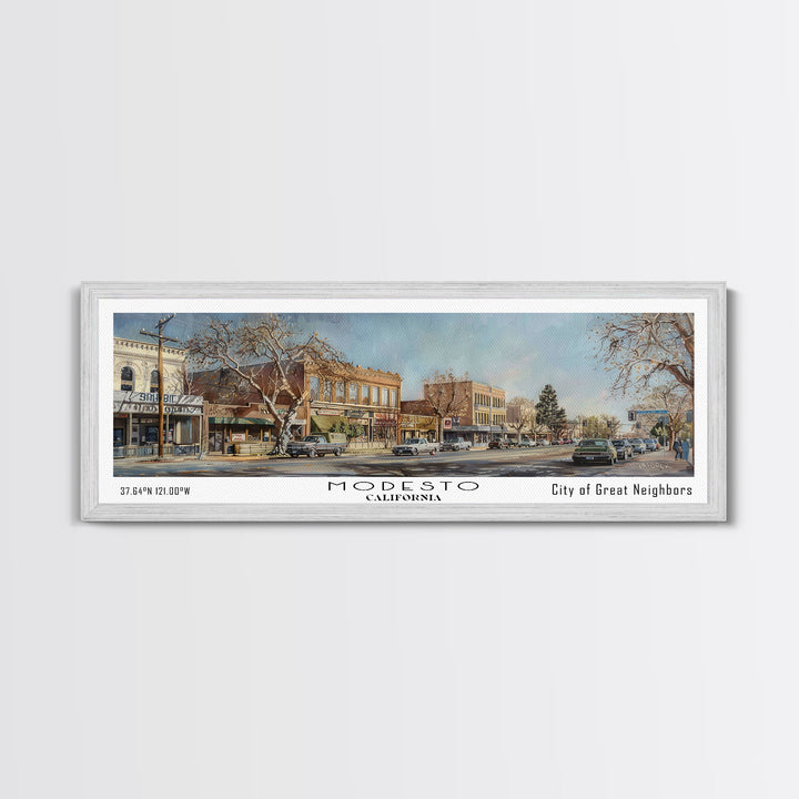 Modesto California Panoramic Framed Canvas Print, Beautiful Watercolor Painting, Office Wall Art, Travel Poster, Living Room Decor, City Art