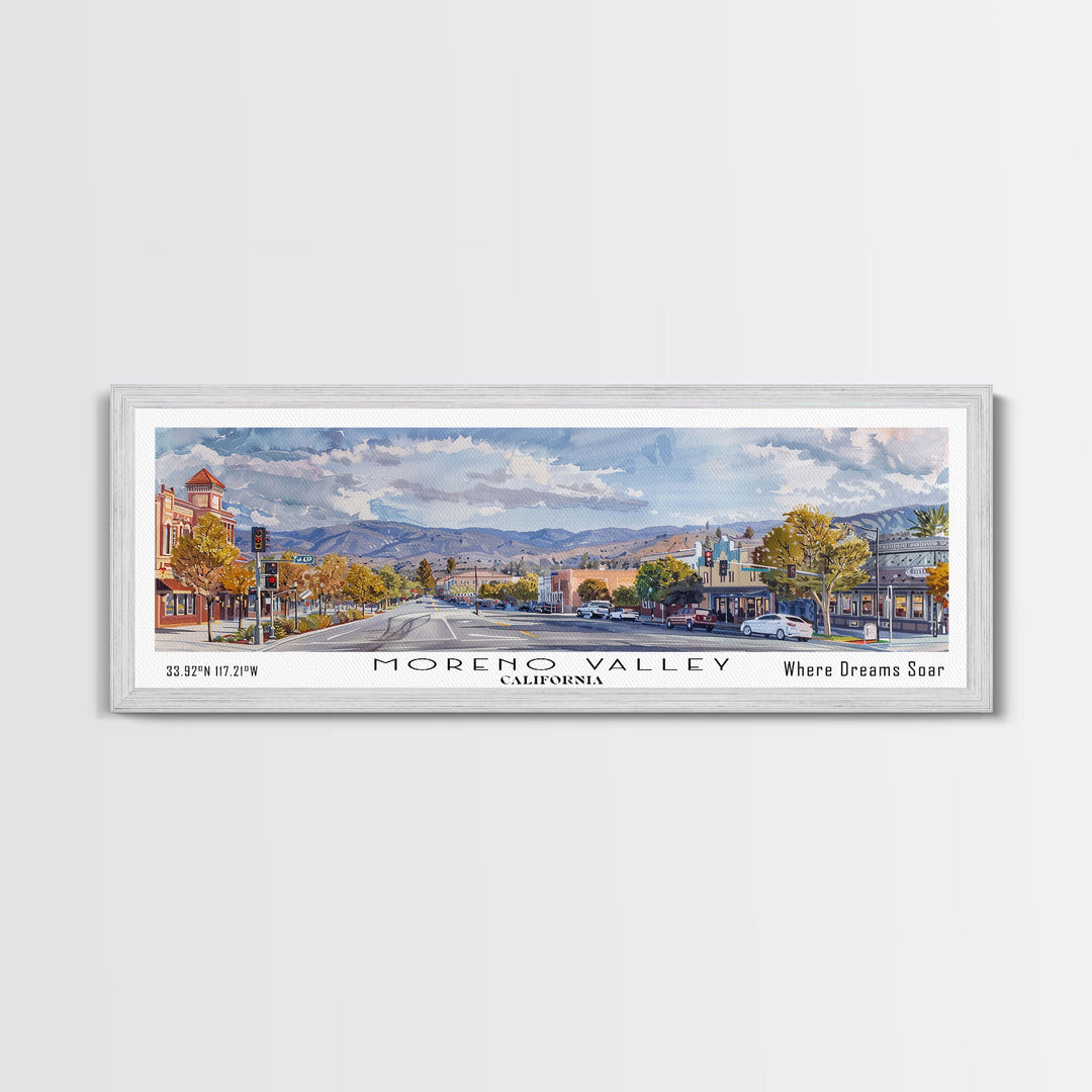 Moreno Valley California Panoramic Framed Canvas Print, Watercolor Cityscape, Office Wall Art, Travel Poster, Living Room Decor, City Art