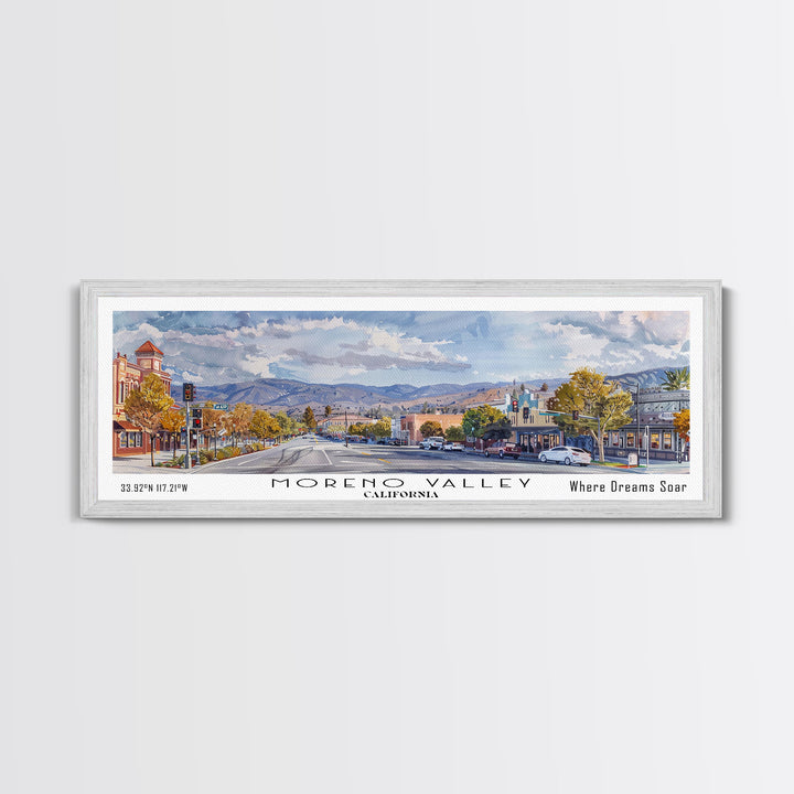 Moreno Valley California Panoramic Framed Canvas Print, Watercolor Cityscape, Office Wall Art, Travel Poster, Living Room Decor, City Art