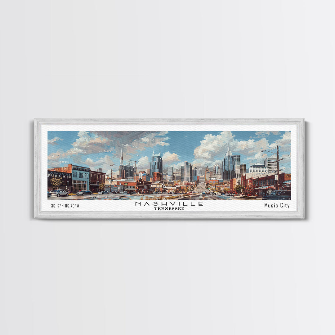 Nashville Tennessee Panoramic Framed Canvas Print, Stunning Watercolor Painting, Office Wall Art, Travel Poster, Home Decor, City Art