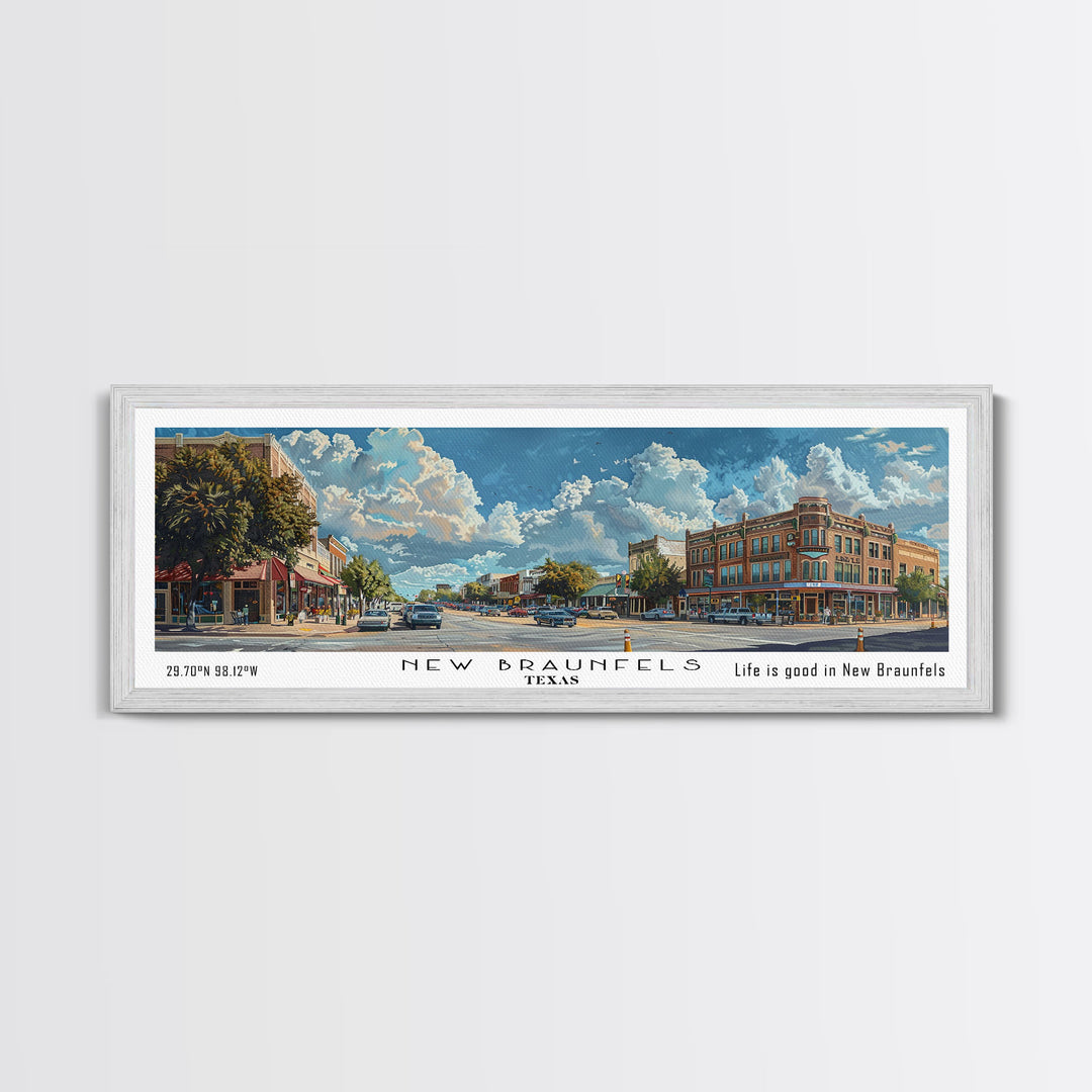 New Braunfels Texas Panoramic Framed Canvas Print, Watercolor City Art, Office Wall Decor, Travel Poster, Living Room Decor