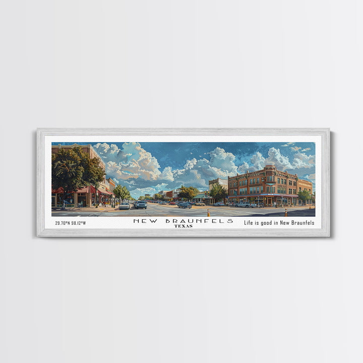 New Braunfels Texas Panoramic Framed Canvas Print, Watercolor City Art, Office Wall Decor, Travel Poster, Living Room Decor