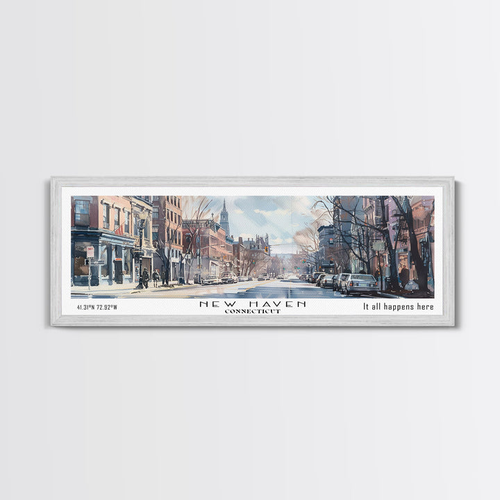 New Haven Connecticut Panoramic Framed Canvas Print, Stunning Watercolor Painting, Office Wall Art, Travel Poster, Home Decor