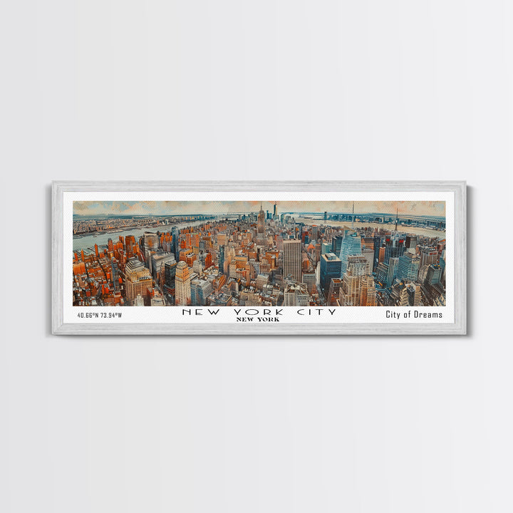 New York New York Panoramic Framed Canvas Print, Watercolor Painting of Cityscape, Home Decor, Travel Poster, Gift Idea for Urban Art Lovers