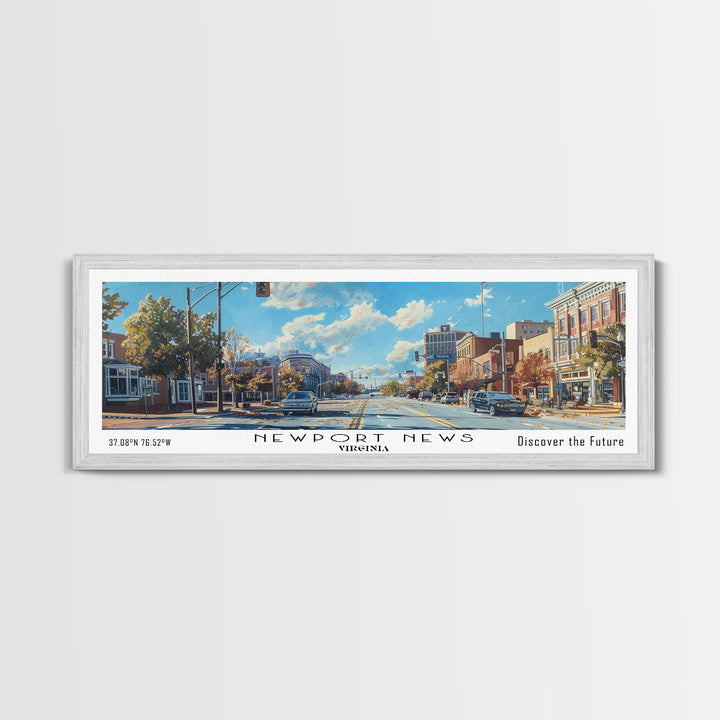 Newport News Virginia Panoramic Wall Art, Framed Canvas Print, Beautiful Cityscape Watercolor Painting, Travel Poster, Modern Home Decor