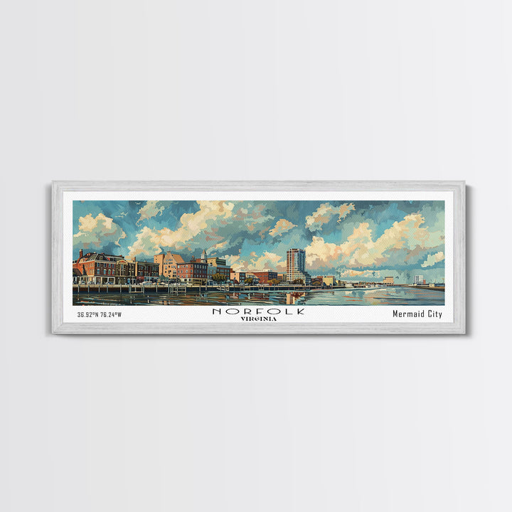 Norfolk Virginia Panoramic Painting, Framed Canvas Print for Office Wall Art, Watercolor Cityscape, Travel Poster, Beautiful Home Decor