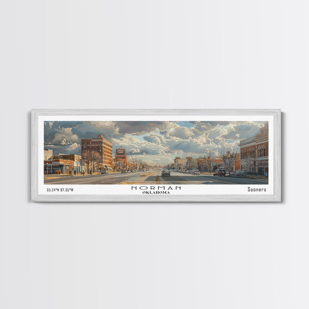 Norman Oklahoma Panoramic Framed Canvas Print, Cityscape Watercolor Painting, Travel Poster for Home Decor, Modern Wall Art, Unique Gift Idea