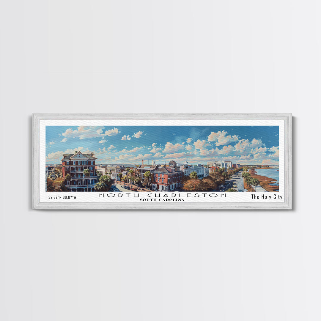 North Charleston South Carolina Panoramic Painting, Framed Canvas Print, Watercolor Cityscape Art, Travel Poster for Living Room, Home Decor