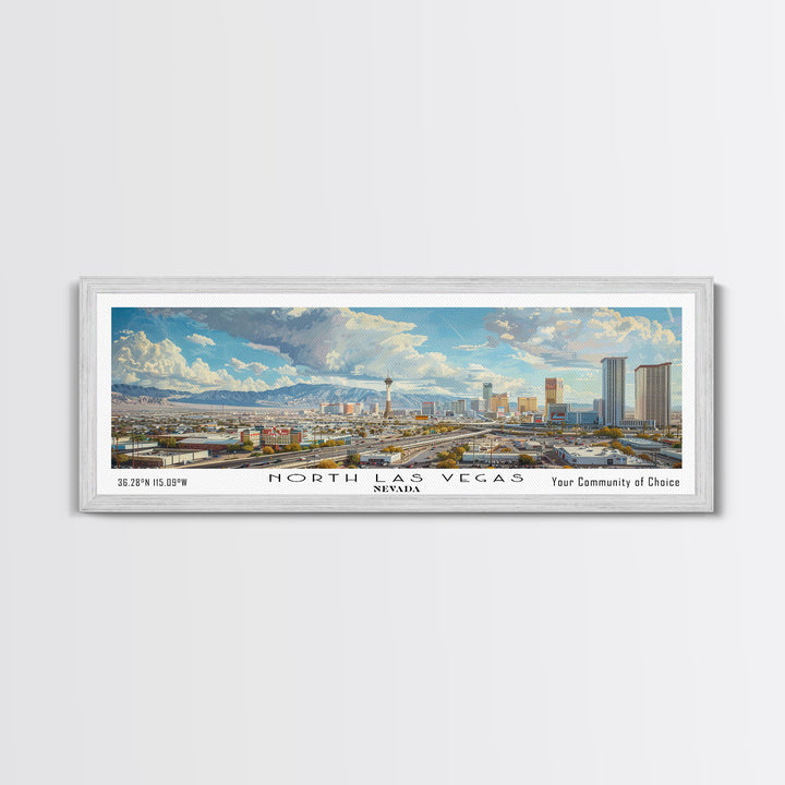 North Las Vegas Nevada Panoramic Framed Canvas Print, Cityscape Watercolor Painting, Travel Poster, Modern Home Decor, Unique Gift Idea