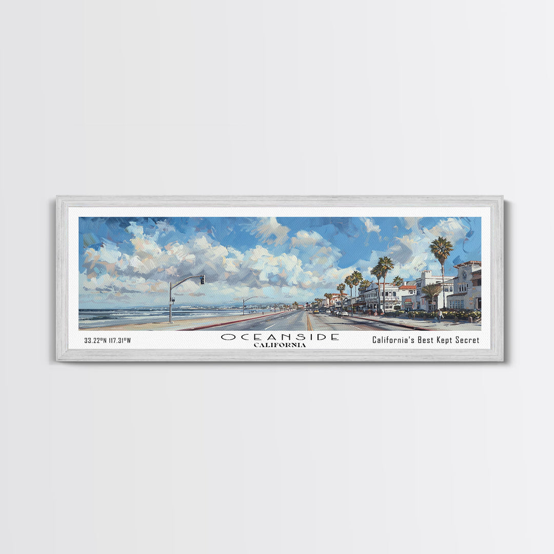 Oceanside California Panoramic Framed Canvas Print, Watercolor Cityscape Art, Travel Poster, Home Decor, Urban Gift Idea, Living Room Art