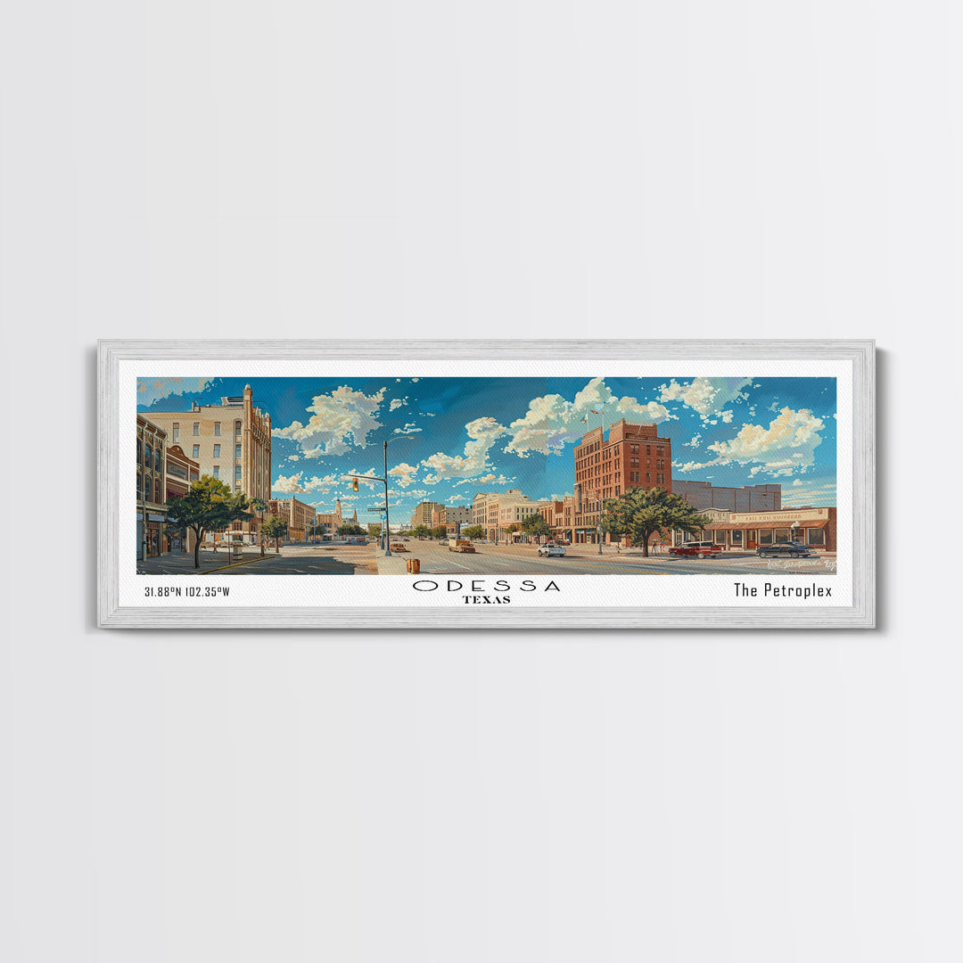 Odessa Texas Panoramic Painting, Framed Canvas Print for Home Decor, Beautiful Cityscape Watercolor Art, Travel Poster, Modern Gift Idea