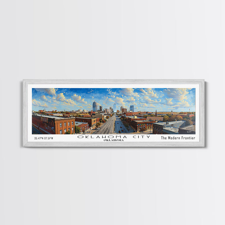 Oklahoma City Oklahoma Panoramic Framed Canvas Print, Cityscape Watercolor Painting, Travel Poster, Home Decor, Unique Gift Idea, Urban Art