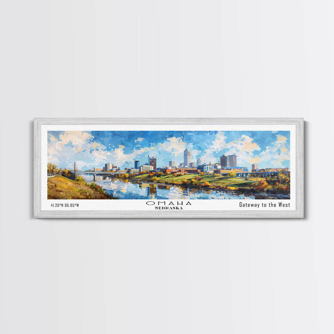 Omaha Nebraska Panoramic Framed Canvas Print, Cityscape Watercolor Painting, Travel Poster, Home Decor, Urban Gift Idea, Office Wall Art